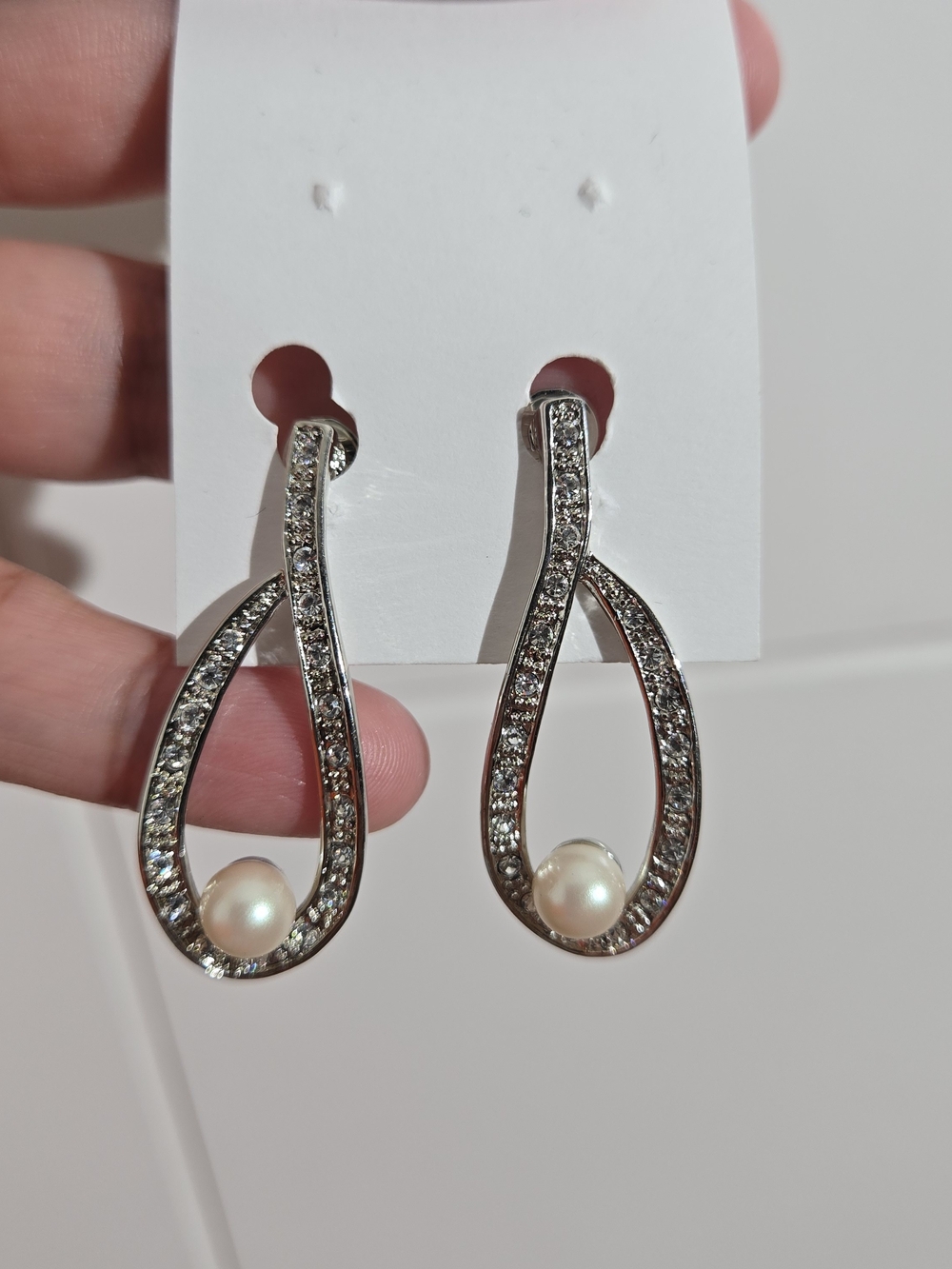 Vintage Monet Faux Pearl and Rhinestone Open Teardrop Loop Drop Earrings